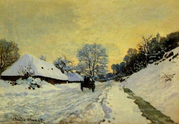 雪 Painting - サンシメオン農場モネと雪に覆われた道路を走る手押し車